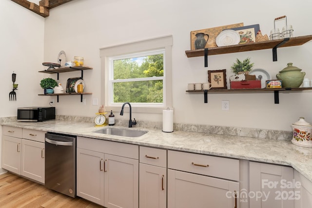 220 Low Water Bridge Rd, Troy, NC 27371 - kitchen with open shelves, appliances with stainless steel finishes, light wood finished floors, and light stone counters