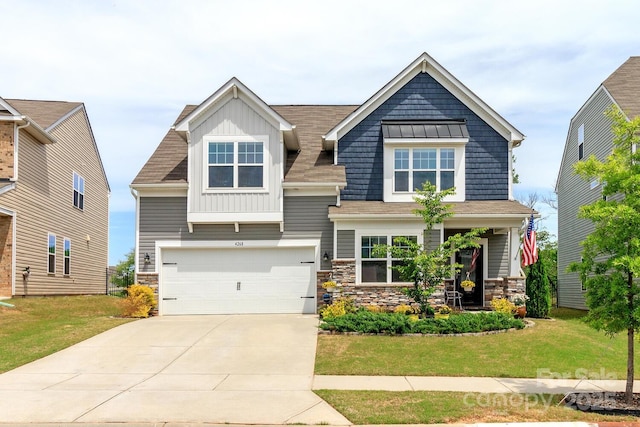 4268 Coachwhip Ave, Lancaster, SC 29720 - craftsman house with board and batten siding, a garage, a front yard, stone siding, and concrete driveway