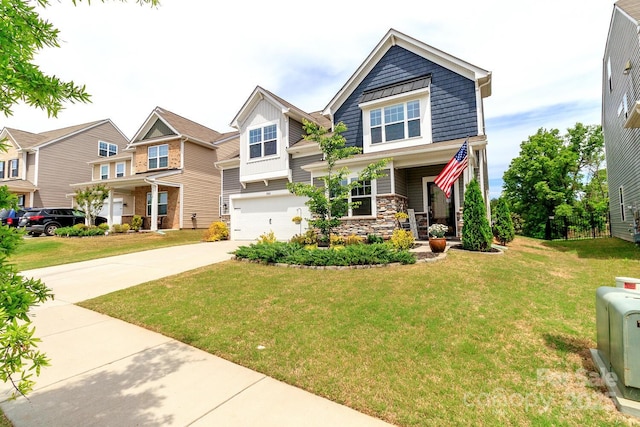 4268 Coachwhip Ave, Lancaster, SC 29720 - craftsman inspired home featuring an attached garage, concrete driveway, board and batten siding, a front yard, and stone siding