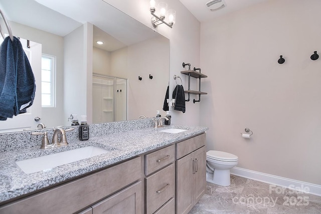 4017 Avis Way, Monroe, NC 28110 - full bathroom featuring double vanity, an enclosed shower, and marble finish flooring