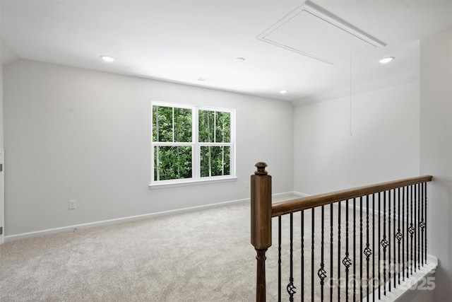 164 Meadow Glen Dr, Troutman, NC 28166 - stairway featuring attic access, carpet floors, and recessed lighting