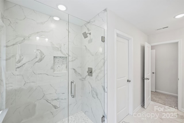 164 Meadow Glen Dr, Troutman, NC 28166 - bathroom featuring a marble finish shower and recessed lighting