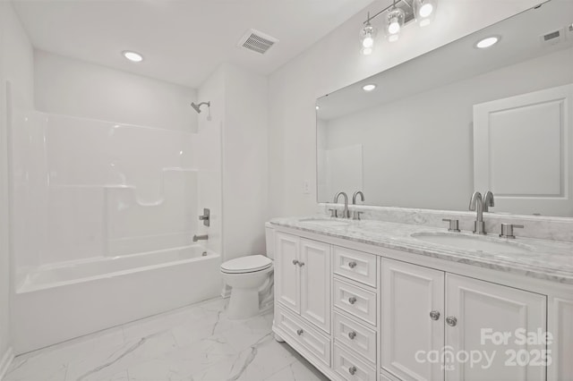 164 Meadow Glen Dr, Troutman, NC 28166 - bathroom featuring recessed lighting, double vanity, marble look tiles, and shower / bath combination