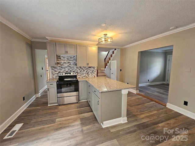3824 Freedom Dr, Charlotte, NC 28208 - kitchen with stainless steel range with electric stovetop, a peninsula, a textured ceiling, dark wood-style flooring, and backsplash