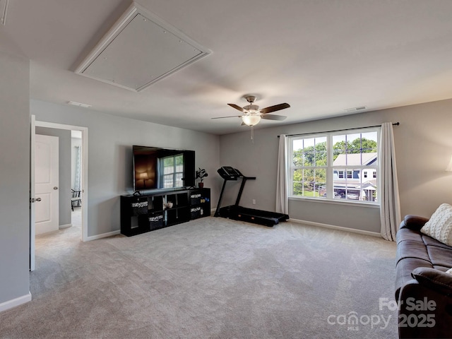 1324 Mona Vale Dr, Huntersville, NC 28078 - living area featuring attic access, carpet floors, healthy amount of natural light, and a ceiling fan