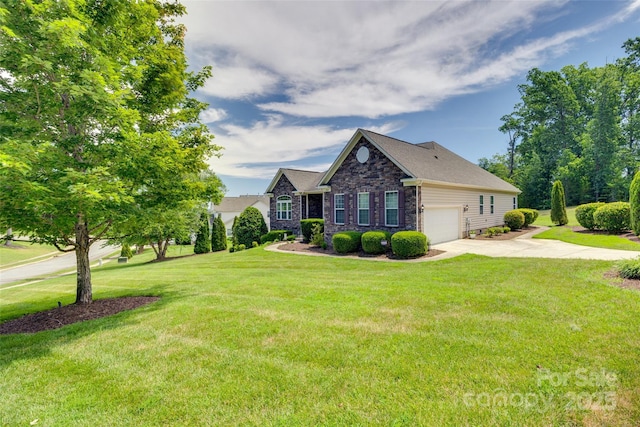 3905 Hounslow Ln, Harrisburg, NC 28075 - view of front of house with driveway, an attached garage, a front yard, and stone siding