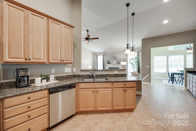3905 Hounslow Ln, Harrisburg, NC 28075 - kitchen featuring dishwasher, ceiling fan, light brown cabinets, a peninsula, and light tile patterned flooring