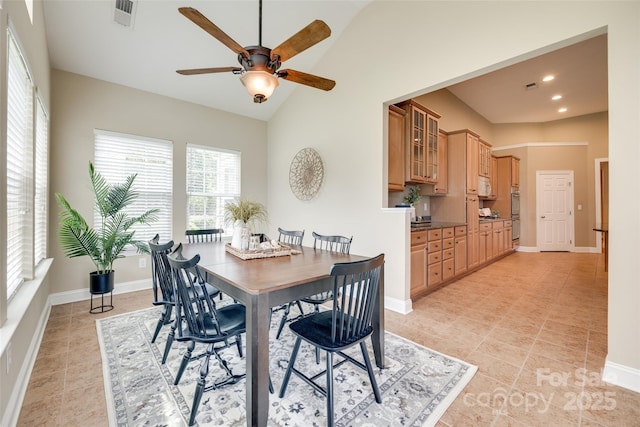 3905 Hounslow Ln, Harrisburg, NC 28075 - dining room featuring ceiling fan, light tile patterned floors, recessed lighting, and vaulted ceiling