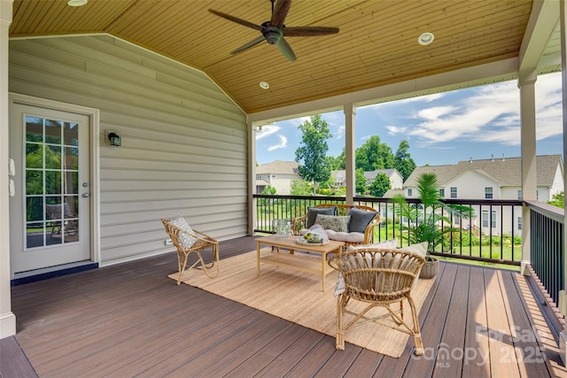 3905 Hounslow Ln, Harrisburg, NC 28075 - wooden terrace featuring outdoor lounge area, a ceiling fan, and a residential view