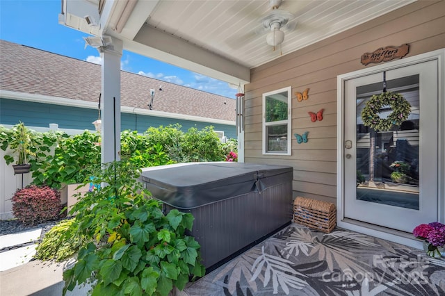 282 Harrison Ln, Locust, NC 28097 - view of patio / terrace with a hot tub and a ceiling fan