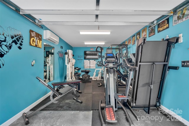 282 Harrison Ln, Locust, NC 28097 - workout area with a wall mounted AC and a garage