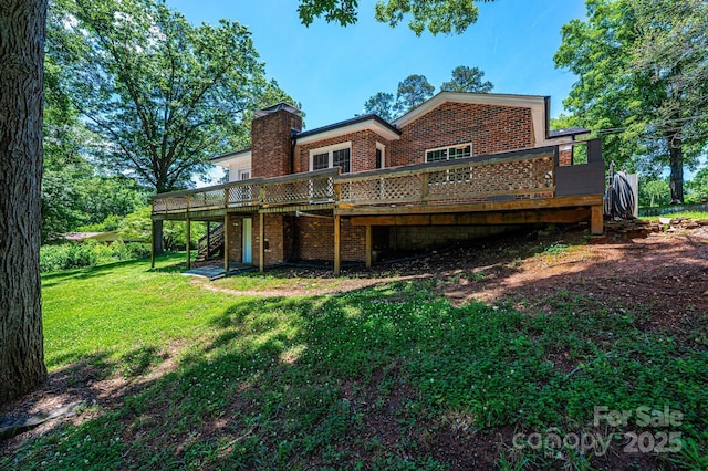 1036 11th Street Circle Dr NW, Hickory, NC 28601 - rear view of house featuring a deck, brick siding, stairway, a yard, and a chimney
