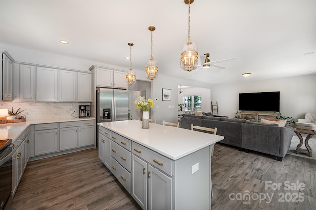 5499 Angus Dr, Midland, NC 28107 - kitchen featuring gray cabinets, dark wood-type flooring, a ceiling fan, and recessed lighting