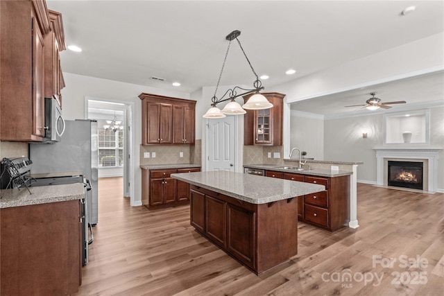 1011 Wadsworth Ln, Indian Trail, NC 28079 - kitchen with stainless steel appliances, a peninsula, light wood-type flooring, ceiling fan, and recessed lighting
