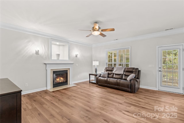 1011 Wadsworth Ln, Indian Trail, NC 28079 - living room with ornamental molding, a ceiling fan, light wood finished floors, healthy amount of natural light, and a fireplace with flush hearth