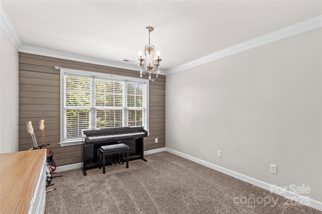 1011 Wadsworth Ln, Indian Trail, NC 28079 - sitting room with ornamental molding, a chandelier, wooden walls, and carpet floors