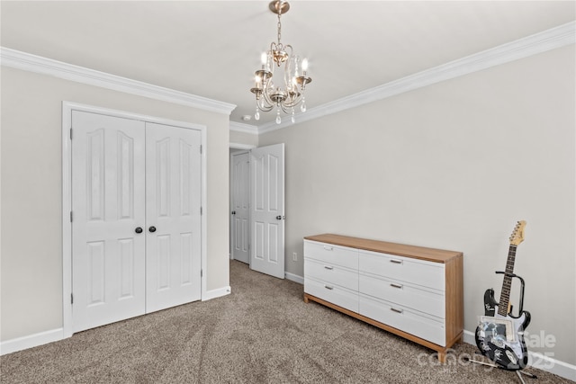 1011 Wadsworth Ln, Indian Trail, NC 28079 - bedroom featuring crown molding, carpet flooring, a closet, and a chandelier