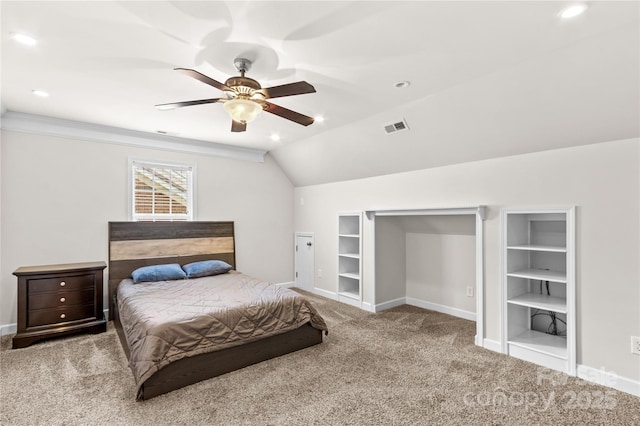 1011 Wadsworth Ln, Indian Trail, NC 28079 - bedroom with carpet, vaulted ceiling, a ceiling fan, and recessed lighting