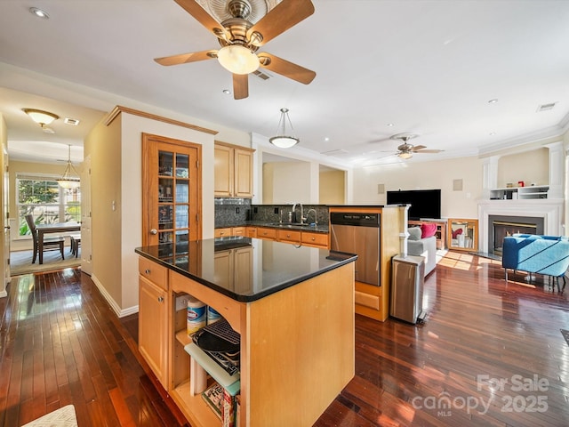 16411 Greybriar Forest Ln, Charlotte, NC 28278 - kitchen with ceiling fan, dishwasher, dark wood-style flooring, dark countertops, and ornamental molding