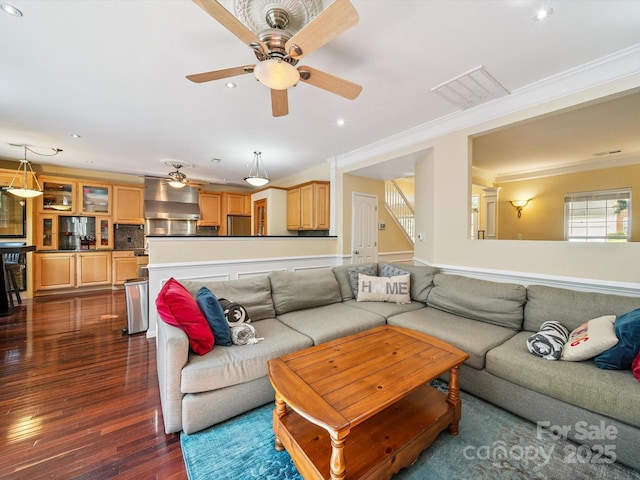 16411 Greybriar Forest Ln, Charlotte, NC 28278 - living room featuring crown molding, stairs, dark wood finished floors, ceiling fan, and recessed lighting