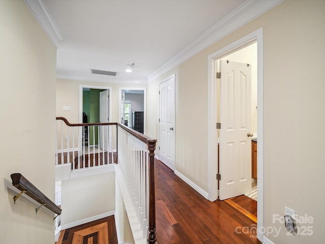16411 Greybriar Forest Ln, Charlotte, NC 28278 - corridor with an upstairs landing, crown molding, and dark wood finished floors
