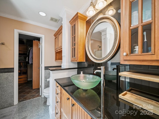 16411 Greybriar Forest Ln, Charlotte, NC 28278 - bathroom featuring ornamental molding, wainscoting, vanity, a spacious closet, and recessed lighting