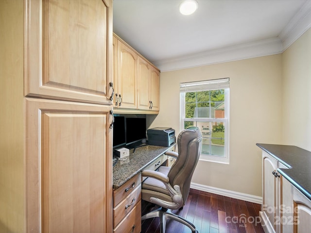 16411 Greybriar Forest Ln, Charlotte, NC 28278 - home office with ornamental molding, dark wood finished floors, and built in desk