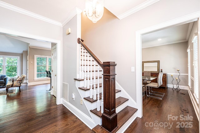 841 16th Avenue Ln NW, Hickory, NC 28601 - stairs featuring wood finished floors, crown molding, and a chandelier
