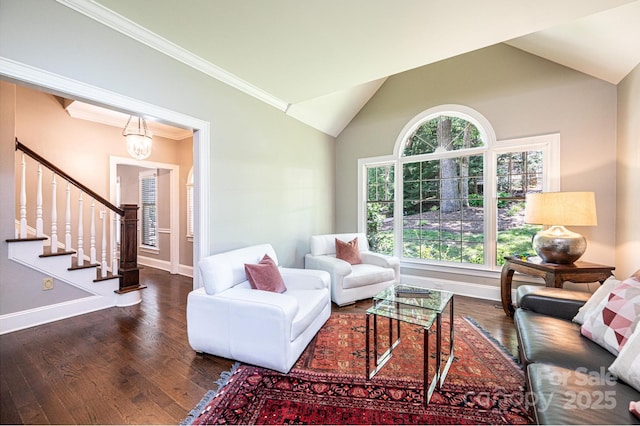 841 16th Avenue Ln NW, Hickory, NC 28601 - living area featuring wood finished floors, stairway, lofted ceiling, crown molding, and a chandelier