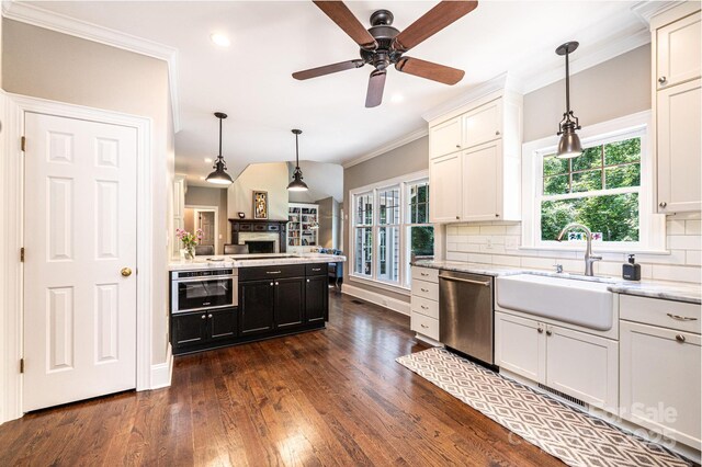 841 16th Avenue Ln NW, Hickory, NC 28601 - kitchen with appliances with stainless steel finishes, crown molding, dark wood-style flooring, decorative backsplash, and decorative light fixtures