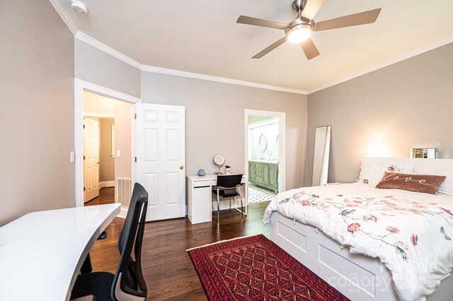 841 16th Avenue Ln NW, Hickory, NC 28601 - bedroom with dark wood finished floors, ornamental molding, a desk, ceiling fan, and ensuite bath