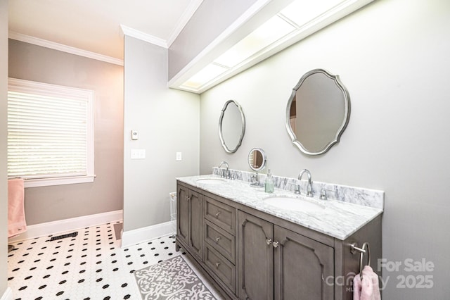 841 16th Avenue Ln NW, Hickory, NC 28601 - bathroom featuring double vanity, ornamental molding, and tile patterned floors