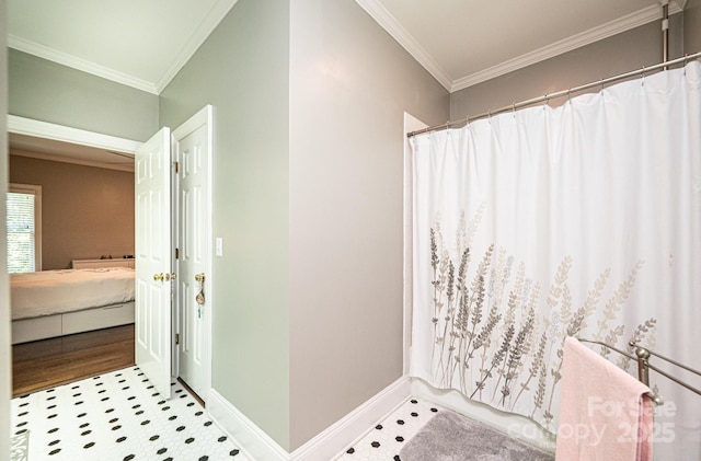 841 16th Avenue Ln NW, Hickory, NC 28601 - ensuite bathroom with ornamental molding, tile patterned floors, and a shower with curtain