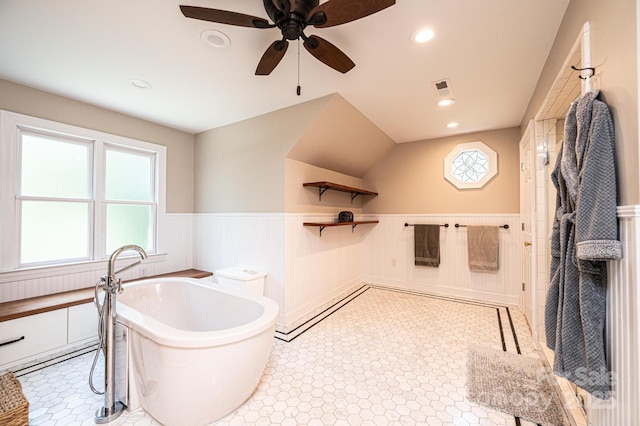 841 16th Avenue Ln NW, Hickory, NC 28601 - full bath with wainscoting, a freestanding tub, a ceiling fan, and recessed lighting