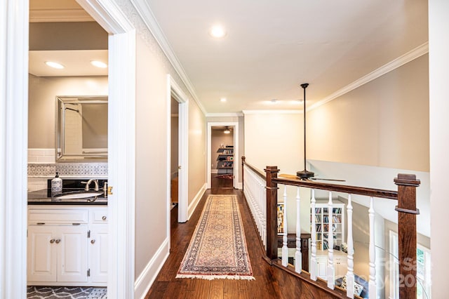 841 16th Avenue Ln NW, Hickory, NC 28601 - hallway with dark wood-type flooring, ornamental molding, and recessed lighting