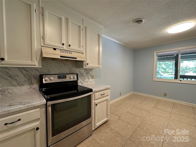 1590 Springpoint Rd Unit B, Rock Hill, SC 29732 - kitchen with electric range, under cabinet range hood, backsplash, ornamental molding, and a textured ceiling