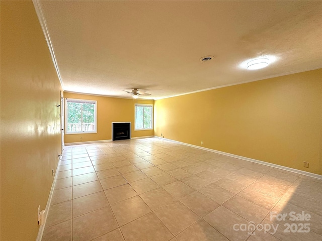1590 Springpoint Rd Unit B, Rock Hill, SC 29732 - unfurnished living room featuring a fireplace, a ceiling fan, light tile patterned flooring, and ornamental molding