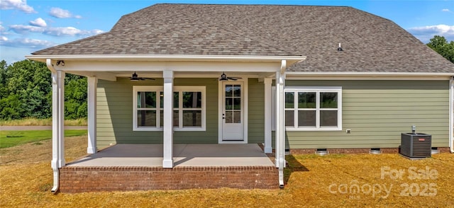1260 Coppergate Dr, Salisbury, NC 28147 - back of house featuring ceiling fan, a porch, a shingled roof, and crawl space