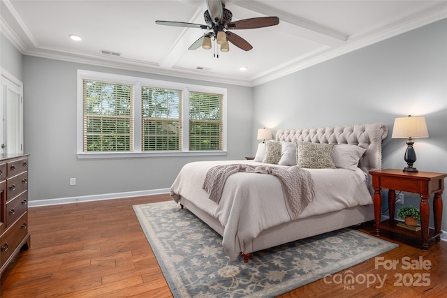 1805 Trading Path Ln, Waxhaw, NC 28173 - bedroom with wood finished floors, coffered ceiling, beamed ceiling, recessed lighting, and a ceiling fan