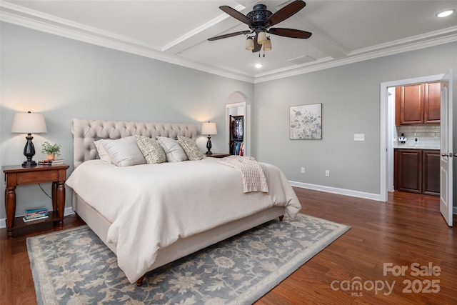 1805 Trading Path Ln, Waxhaw, NC 28173 - bedroom with recessed lighting, dark wood-type flooring, beam ceiling, arched walkways, and crown molding