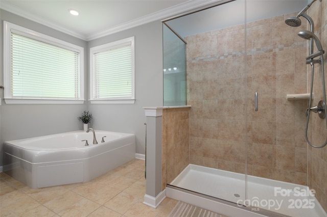 1805 Trading Path Ln, Waxhaw, NC 28173 - full bathroom with a stall shower, a bath, ornamental molding, and tile patterned floors
