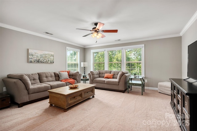 1805 Trading Path Ln, Waxhaw, NC 28173 - living room featuring ornamental molding, a ceiling fan, and light colored carpet