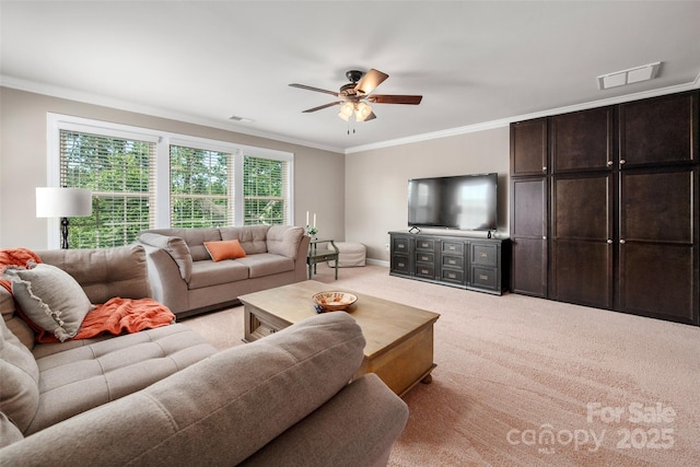 1805 Trading Path Ln, Waxhaw, NC 28173 - living room with ceiling fan, crown molding, and light carpet