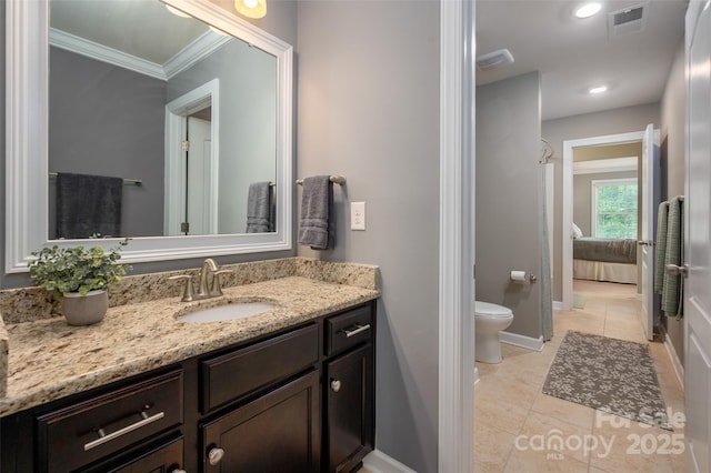 1805 Trading Path Ln, Waxhaw, NC 28173 - ensuite bathroom with vanity, ornamental molding, tile patterned floors, and recessed lighting