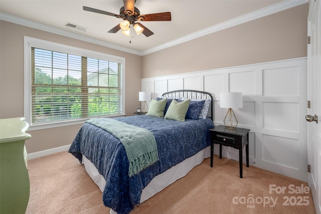 1805 Trading Path Ln, Waxhaw, NC 28173 - bedroom with light colored carpet, crown molding, ceiling fan, and a wainscoted wall
