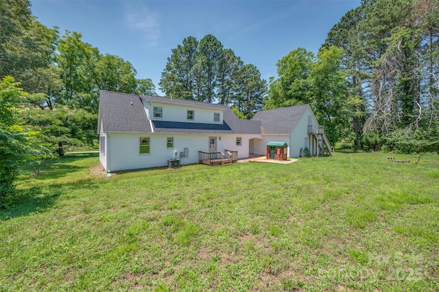 49 Meadowbrook Rd, Rutherfordton, NC 28139 - rear view of house featuring a wooden deck, a lawn, and stairway