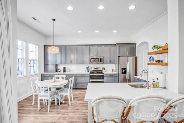 10509 Serape Rd, Charlotte, NC 28277 - kitchen featuring stainless steel appliances, gray cabinetry, ornamental molding, a peninsula, and light countertops