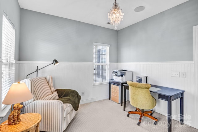 10509 Serape Rd, Charlotte, NC 28277 - carpeted office space featuring a wainscoted wall and a chandelier