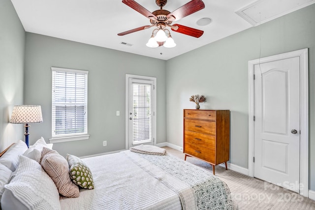 10509 Serape Rd, Charlotte, NC 28277 - bedroom with attic access, light colored carpet, access to outside, and a ceiling fan
