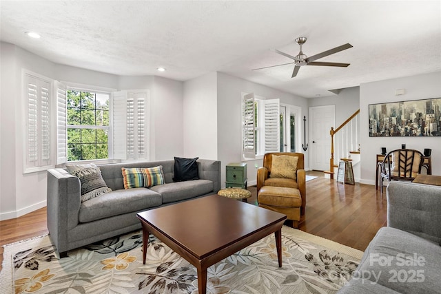 1181 Forest Lake Heights Dr, Nebo, NC 28761 - living room featuring light wood finished floors, recessed lighting, stairway, ceiling fan, and a textured ceiling